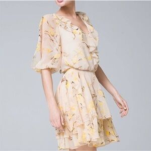 White House Black Market Chiffon Floral Ruffle  Cream Dust Pearl Dress